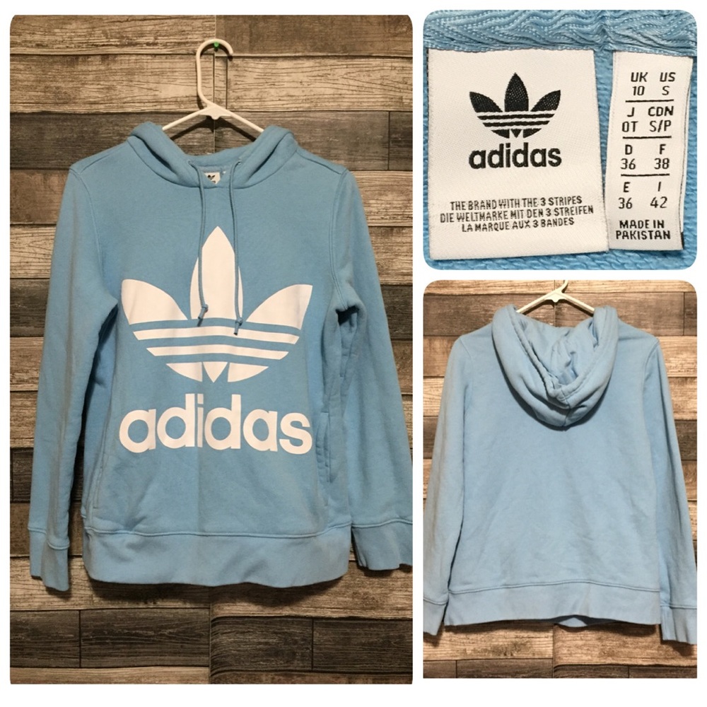 Adidas Trefoil Hoodie Sweatshirt Women’s S Powder Blue Pullover Terry Pockets